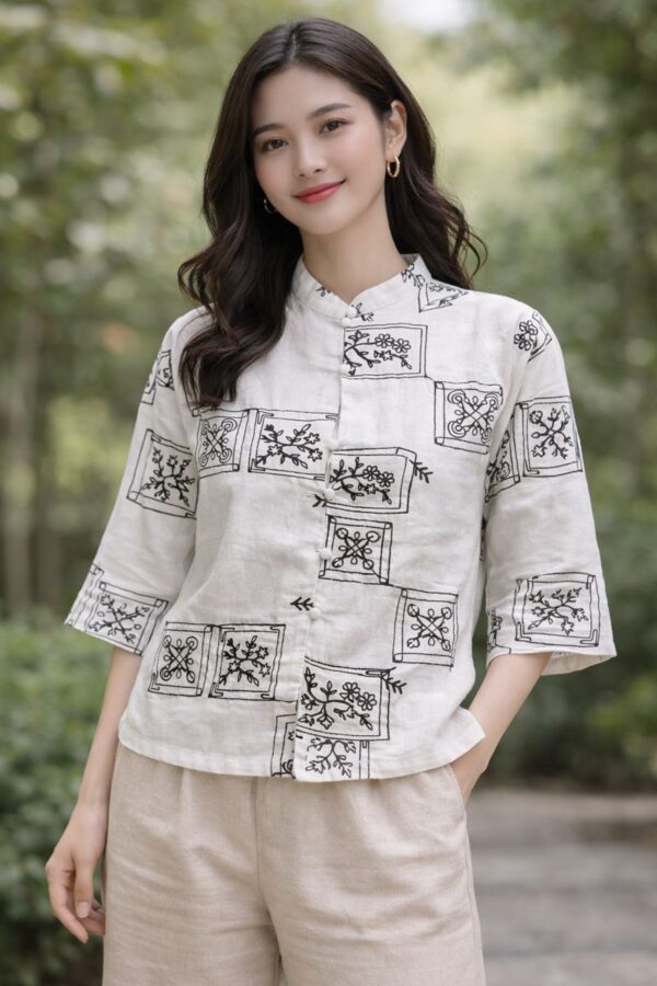 Embroidered Cotton Linen Top - AE-TOP-04548