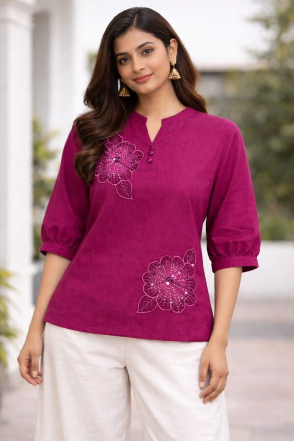 Embroidered Linen Blend Top-AE-TOP-01722