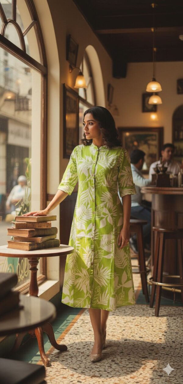 Premium Printed Cotton Shirt Dress – Green-AE-KURTI-GR